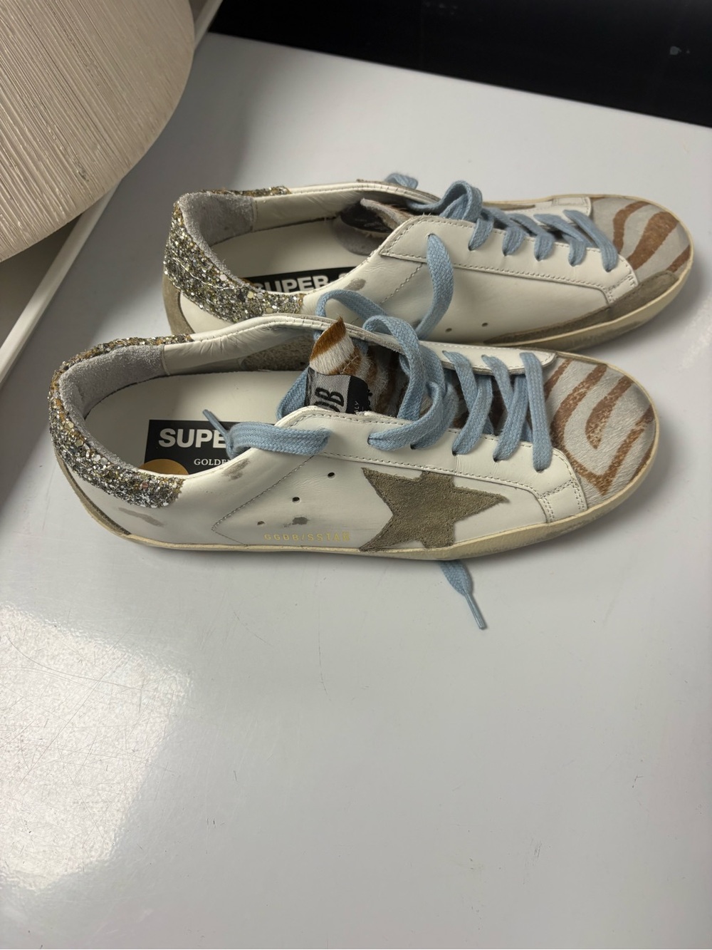Golden Goose Style White Leather Star Sneakers with Glitter & Zebra Accent
